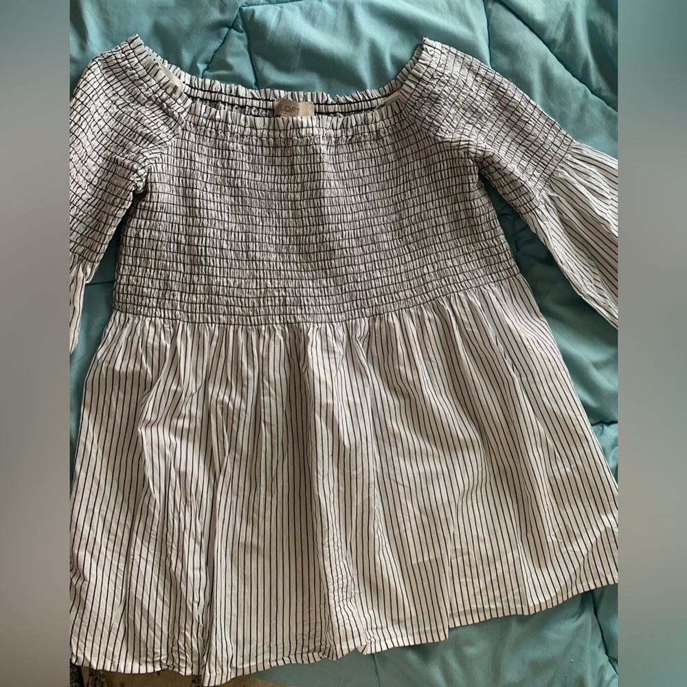 LOFT Black-and-White Smocked Peasant Blouse